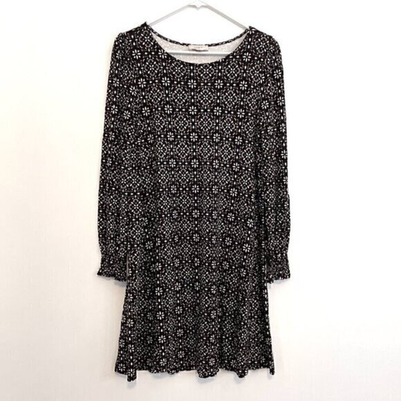 ANN TAYLOR LOFT Outlet Black White Brown Geo Geometric Long Sleeve Shift Dress M - Picture 1 of 11